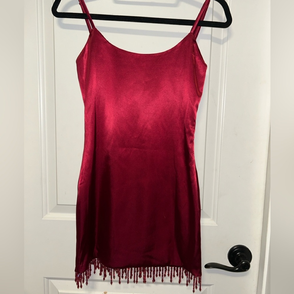 NWT S White Fox Boutique Dark Red Satin mini Dress lost in thought beaded fringe - Picture 7 of 10